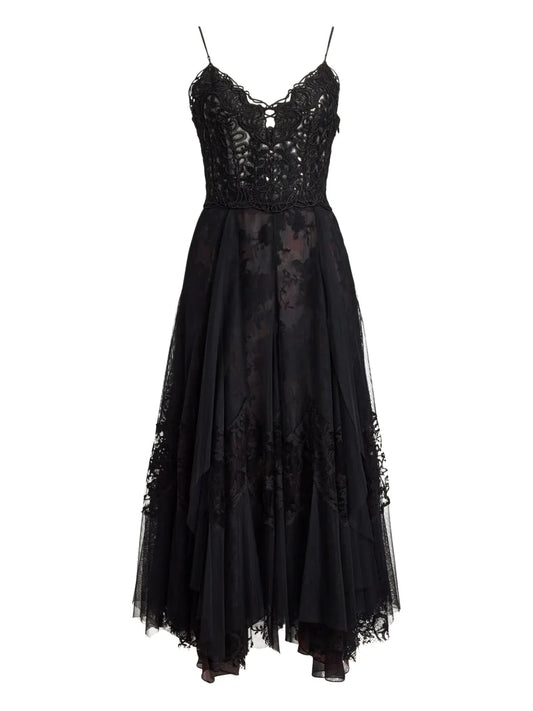 Ralph Lauren Collection Lace Embellished Tiered Maxi Dress — Black/ Red — Size S — Front View