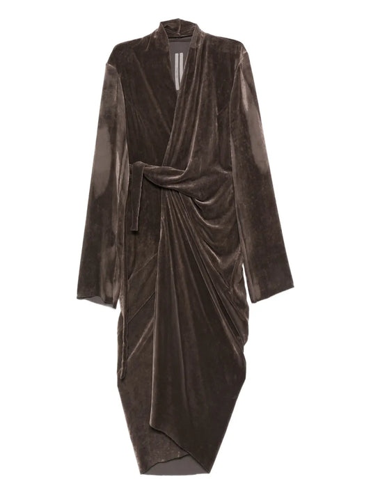 Rick Owens Draped Wrap Midi Dress — Dark Brown/ Brown — Size M — Front View
