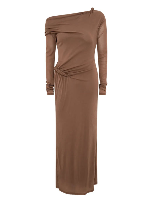 Paris Georgia Croissant Long Sleeve Twisted Maxi Dress — Brown/ Red — Size XS — Front View