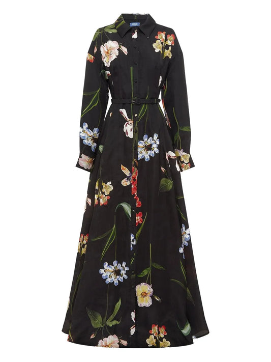 Leo Lin Floral Print Belted Shirt Maxi Dress — Black/ Red — Size XS — Front View