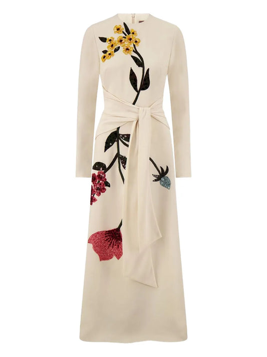 Lela Rose Floral Embroidered Tie Waist Midi Dress — Beige/ Red — Size S — Front View