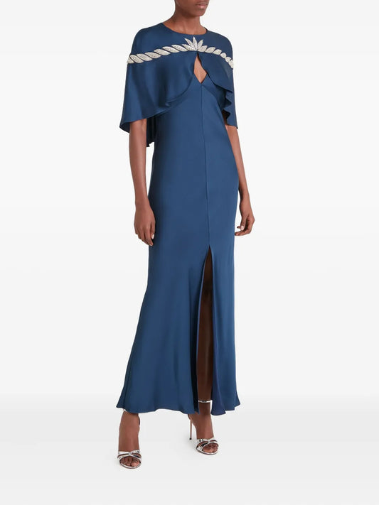 Temperley London Vine Cape Gown Embellished Maxi Dress — Blue — Size XS — Front View
