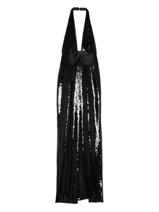 Retrofete Kelsie Sequin Halterneck Maxi Dress — Black — Size L — Front View
