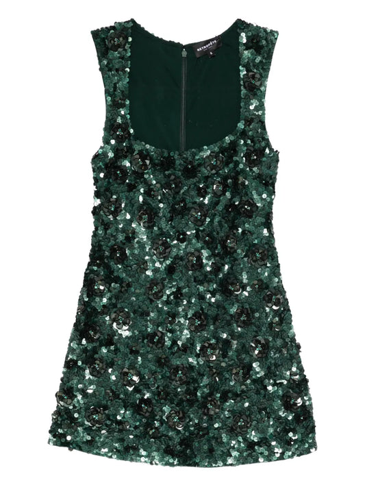 Retrofete Sadlyn Sequin Embellished Floral Mini Dress — Green — Size L — Front View