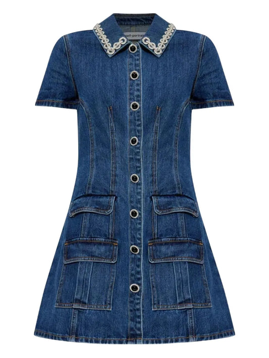 Self Portrait Crystal Trimmed Pocketed Dress — Blue — Size XS — Front View