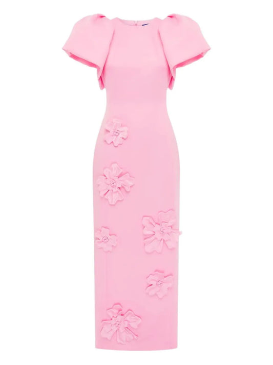 Leo Lin Lucinda Floral Applique Puff Sleeve Maxi Dress — Pink — Size S — Front View