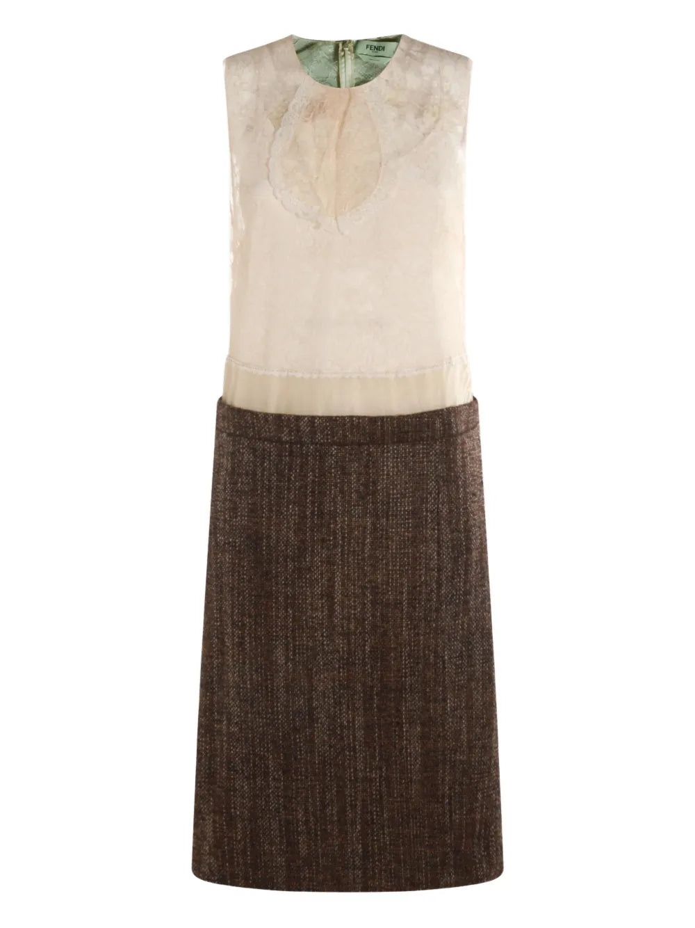 Fendi Lace Panel Tweed Dress — Brown — Size XS — Front View