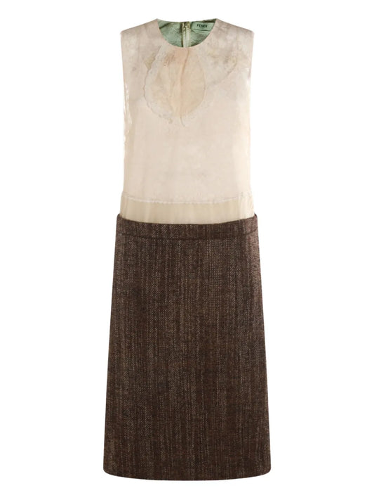 Fendi Lace Panel Tweed Dress — Brown — Size XS — Front View