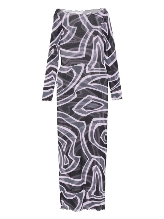 Pucci Abstract Print Long Sleeve Maxi Dress — Black/ Pink — Size XS — Front View