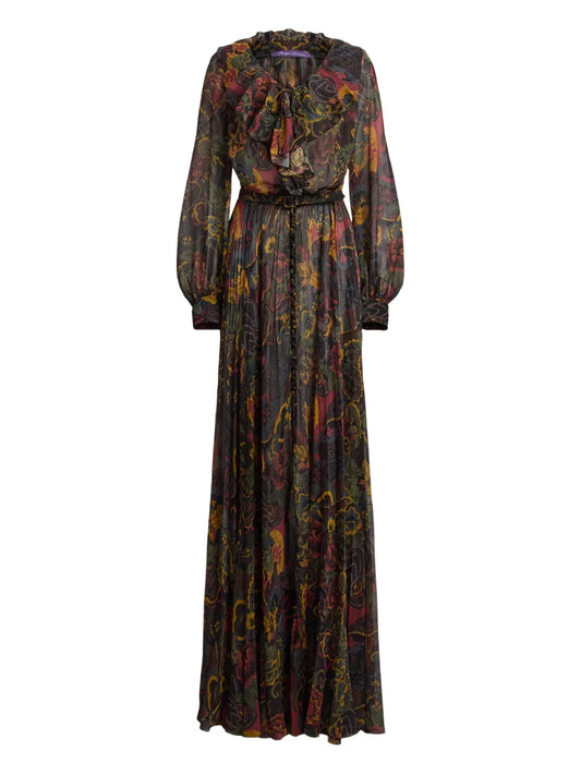 Ralph Lauren Collection Pleated Ruffle Neck Maxi Dress — Black — Size XS — Front View