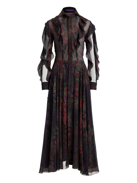 Ralph Lauren Collection Ruffled Floral Print Midi Dress — Black — Size S — Front View