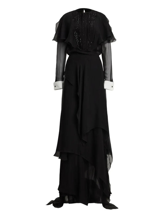 Ralph Lauren Collection Beaded Pleated Silk Maxi Gown — Black — Size XS — Front View