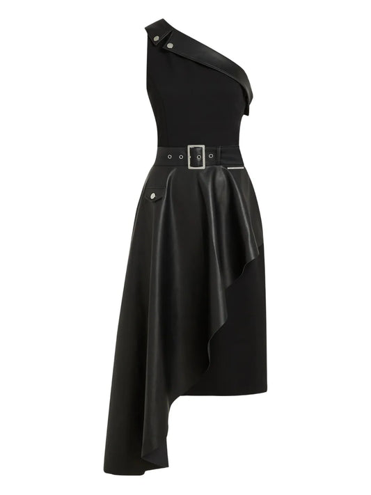 Karl Lagerfeld One Shoulder Belted Dress — Black/ Silver — Size M — Front View