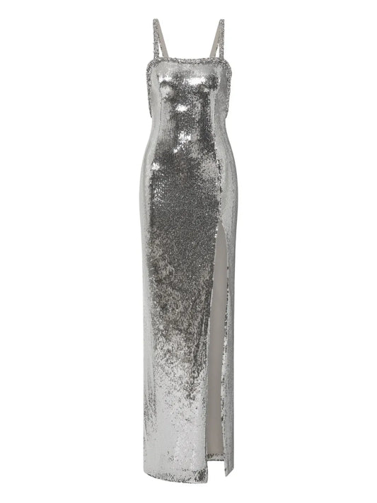 Rebecca Vallance Olympia Gown Sequin Embellished Maxi Dress — Silver — Size XS — Front View