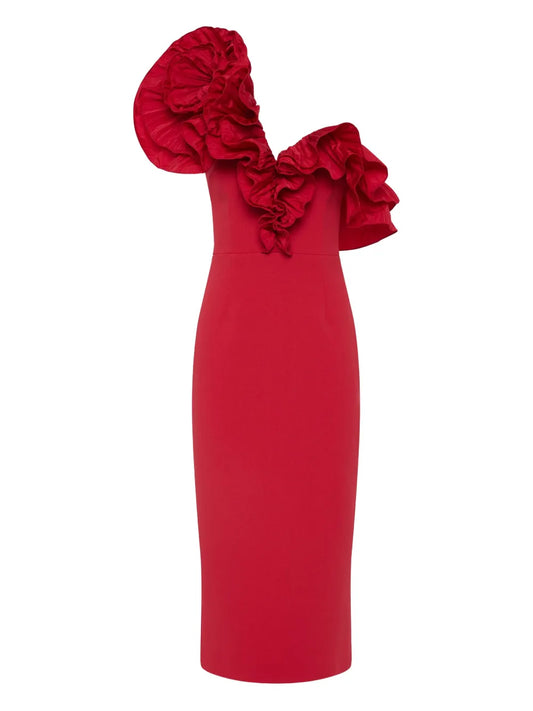 Rebecca Vallance Zarya Ruffle Detail Midi Dress — Red — Size XS — Front View