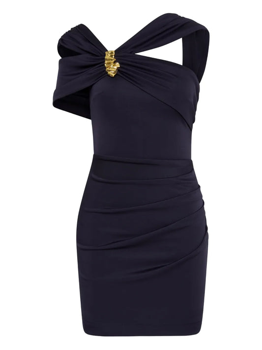 Rebecca Vallance Ayesha Draped Mini Dress — Blue/ Navy/ Gold — Size XS — Front View