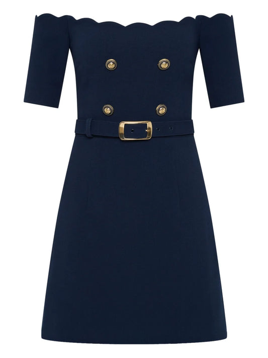 Rebecca Vallance Off Shoulder Belted Dress — Blue/ Navy — Size XS — Front View