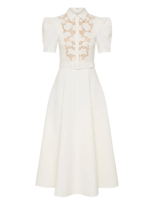 Rebecca Vallance Parrish Lace Belted Short Sleeve Midi Dress — White/ Red — Size XS — Front View
