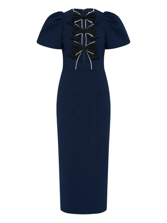 Rebecca Vallance Nemy Bow Midi Dress — Blue/ Navy — Size M — Front View
