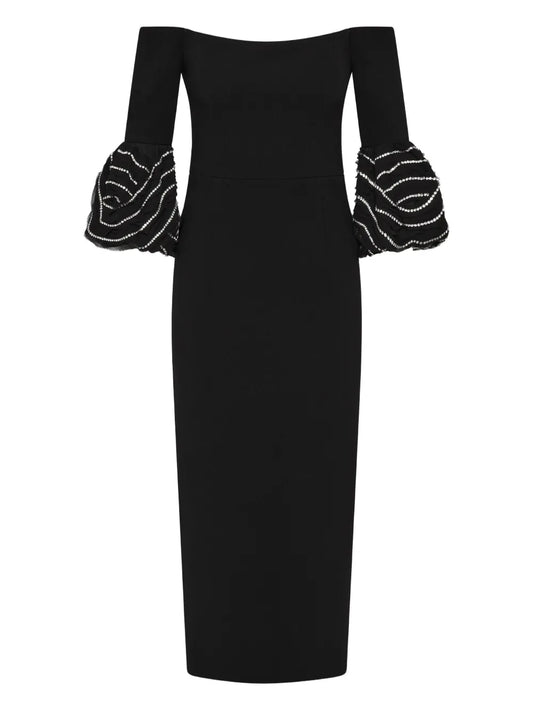 Rebecca Vallance Bellatrix Off Shoulder Ruffled Midi Dress — Black — Size XS — Front View
