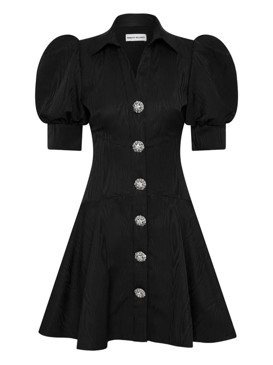 Rebecca Vallance Narcissa Button Puff Sleeve Mini Dress — Black/ Red — Size XS — Front View