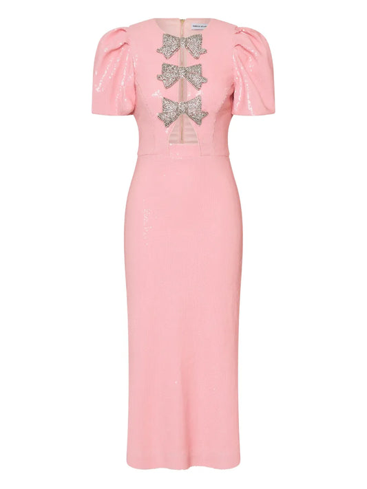 Rebecca Vallance Bow Puff Sleeve Lydia Midi Dress — Pink — Size XS — Front View