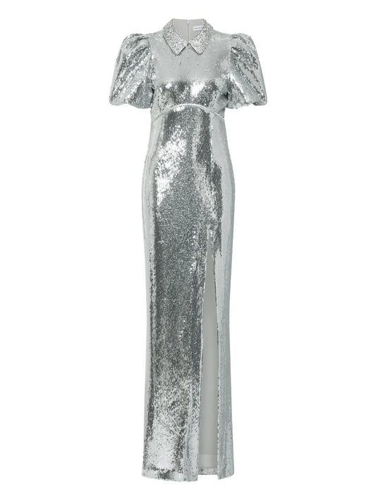 Rebecca Vallance Olympia Short Sleeve Embellished Maxi Dress — Silver — Size XS — Front View