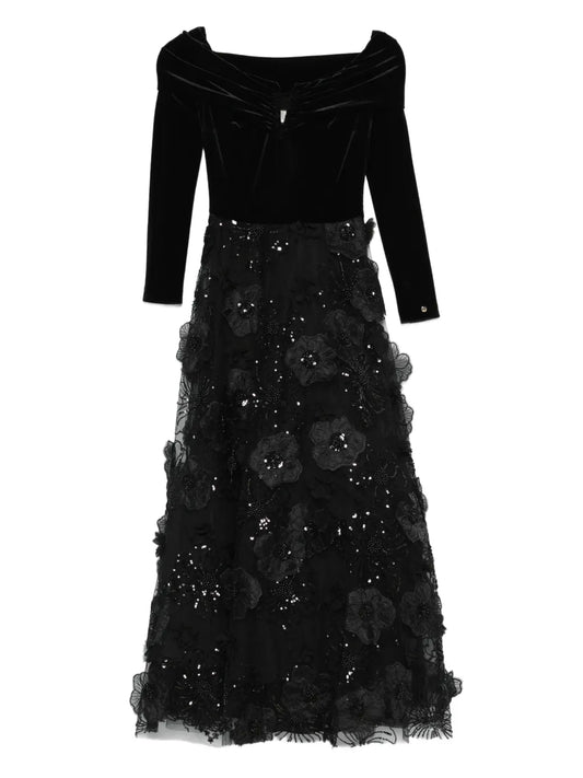 Nissa Floral Applique Dress — Black — Size S — Front View