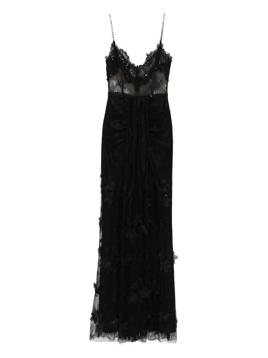 Nissa Floral Embellished Lace Maxi Dress — Black — Size XS — Front View
