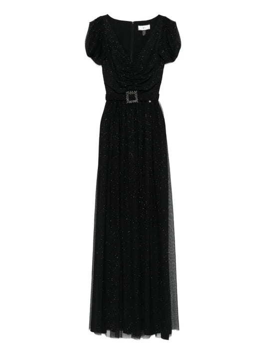 Nissa Belted Short Sleeved Dress — Black — Size S — Front View