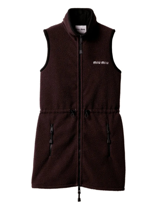 Miu Miu Stand Collar Fleece Dress — Brown/ Tan/ Red — Size XS — Front View