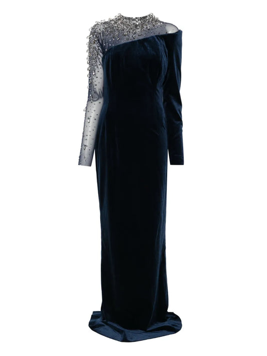 Jean Louis Sabaji Crystal Embellished Asymmetric Gown — Blue — Size XS — Front View