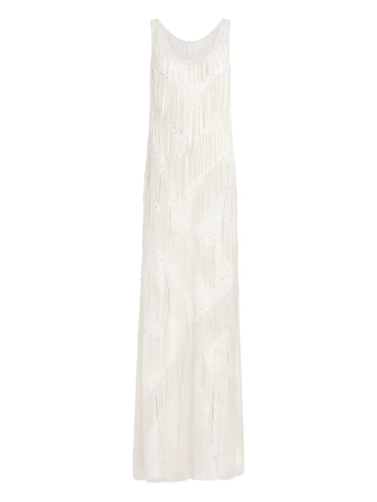 Jenny Packham Symphonie Fringed Maxi Dress — Ivory — Size XS — Front View
