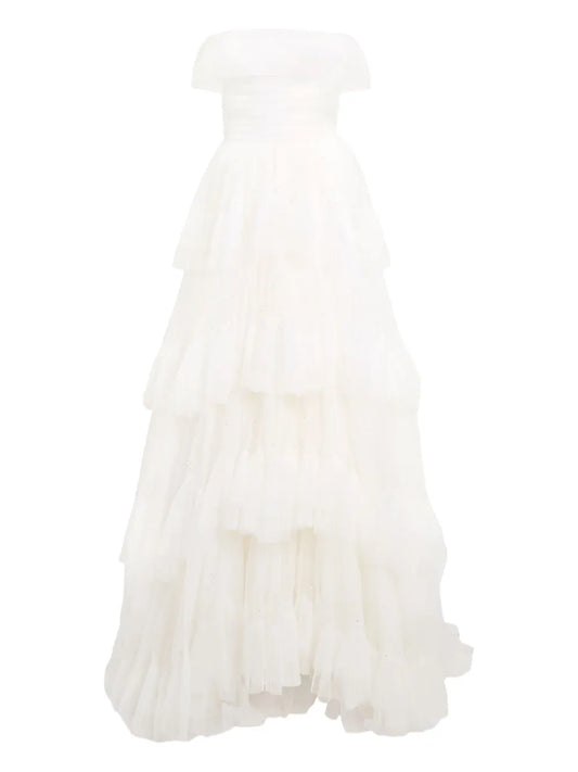 Jenny Packham Angel Falls Tiered Maxi Dress — White/ Red — Size XS — Front View