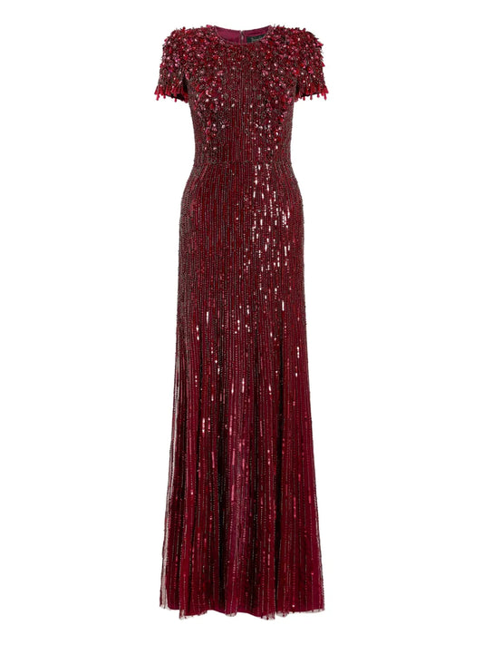 Jenny Packham Eliza Beaded Maxi Dress — Red — Size S — Front View