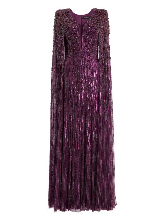 Jenny Packham Sweet Silva Beaded Cape Maxi Dress — Purple — Size XS — Front View