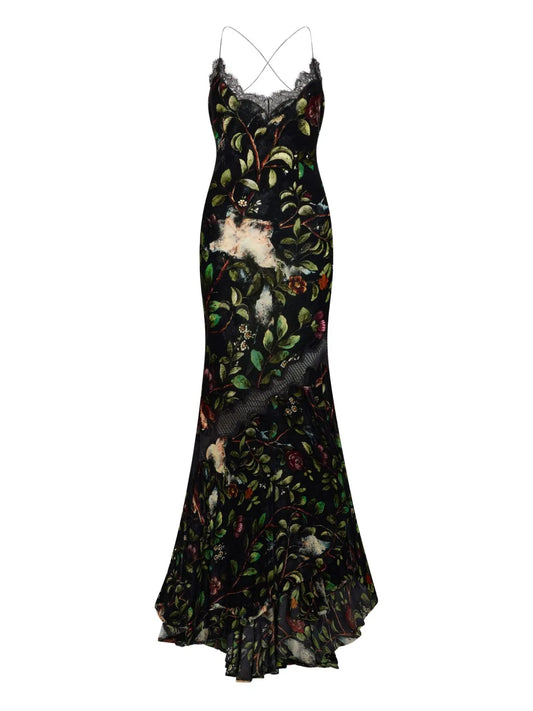Roberto Cavalli Floral Print Gown — Black — Size XS — Front View
