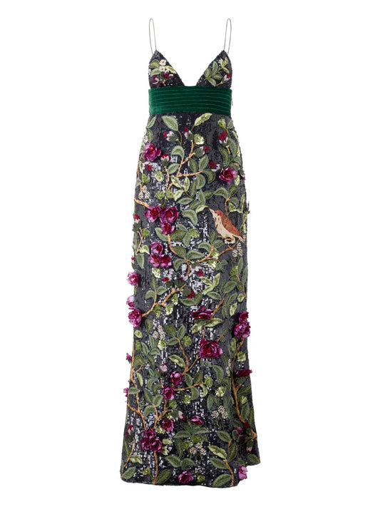 Roberto Cavalli Embellished Maxi Dress — Black/ Green — Size XS — Front View