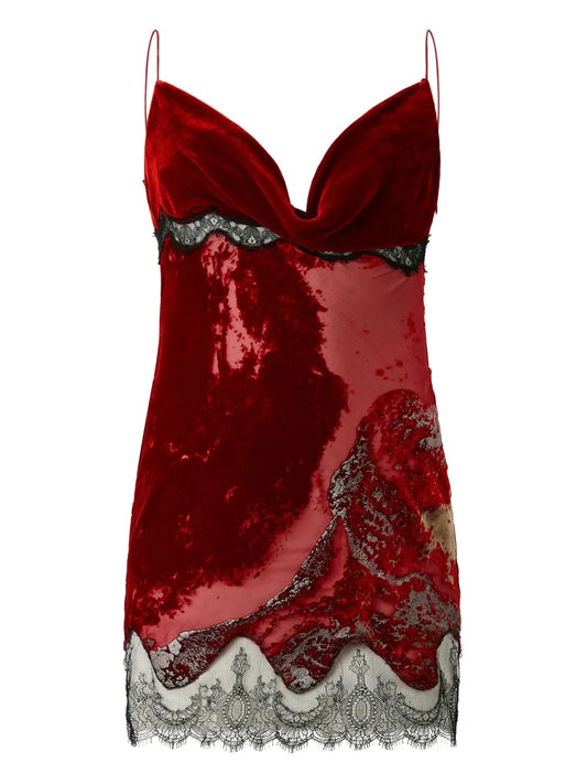 Roberto Cavalli Marine Print Lace Mini Dress — Red — Size XS — Front View