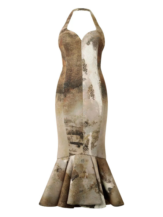 Roberto Cavalli Marble Print Midi Dress — Beige — Size XS — Front View