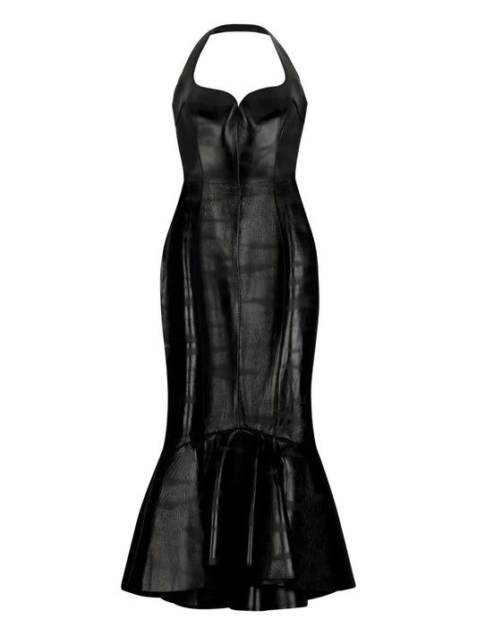Roberto Cavalli Leather Midi Dress — Black — Size S — Front View