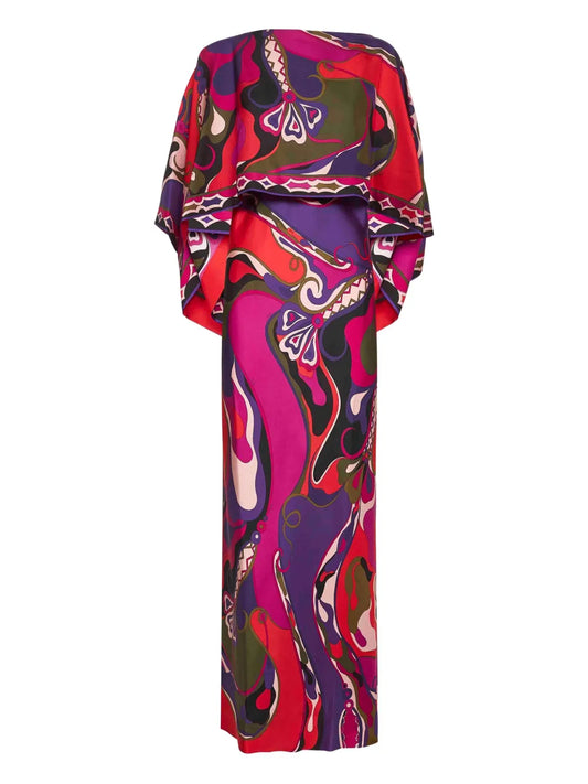 Pucci Orchidee Print Cape Detail Maxi Dress — Red — Size S — Front View