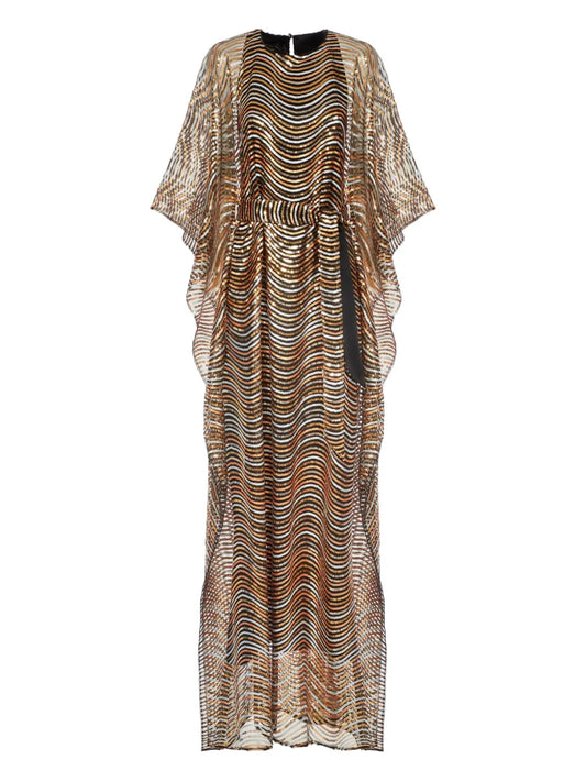 Taller Marmo Erte Wave Pattern Maxi Kaftan — Tan/ Gold — Size XS — Front View