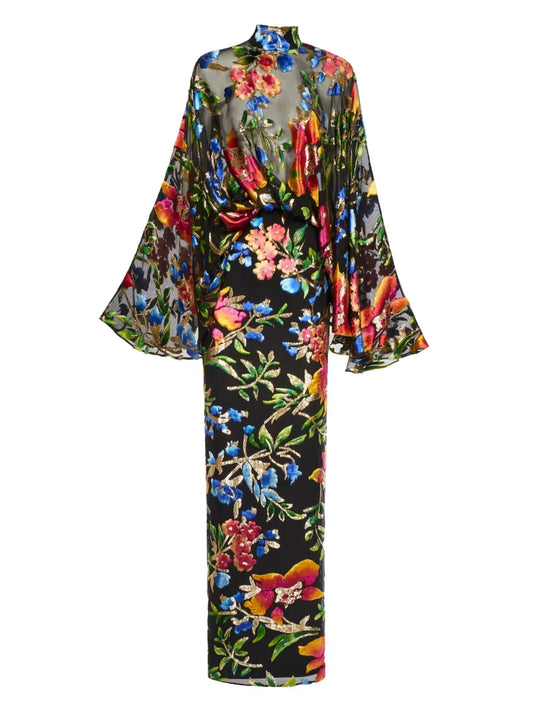 Taller Marmo Eolia Flared Sleeve Floral Maxi Gown — Red — Size M — Front View