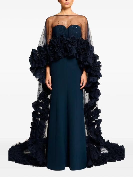 Jenny Packham Petal Bloom Ruffle Detailed Cape — Blue — Size XS — Front View