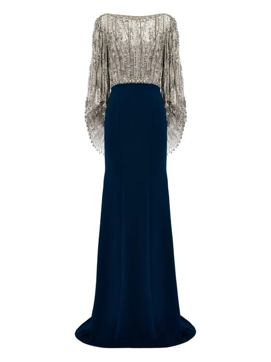 Jenny Packham Wanderlust Sequin Embellished Maxi Dress — Black/ Blue — Size S — Front View