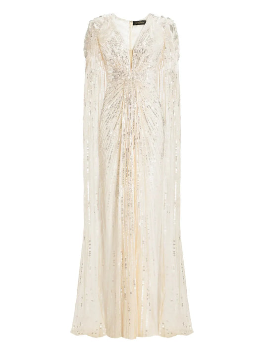 Jenny Packham Goldfinger Sequin Embellished Maxi Dress — White/ Gold — Size XXS — Front View