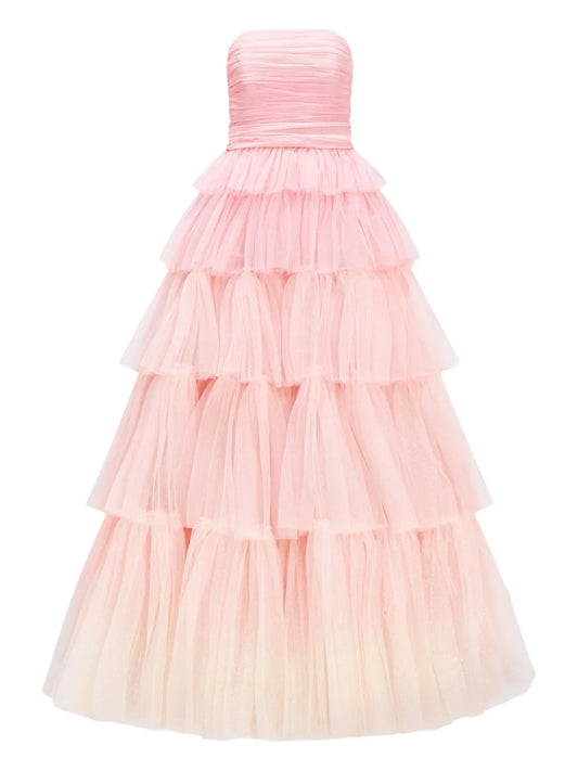Jenny Packham Adore Tiered Bow Gown — Red/ Pink — Size XS — Front View