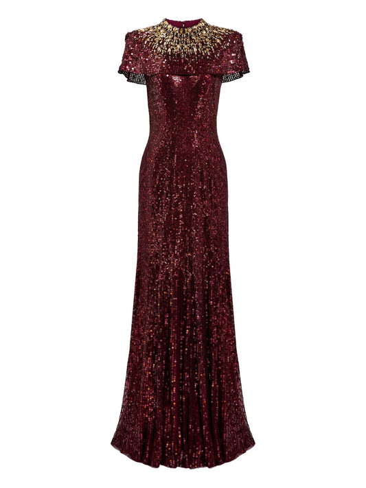 Jenny Packham Radiant Sequin Embellished Gown — Red — Size XS — Front View