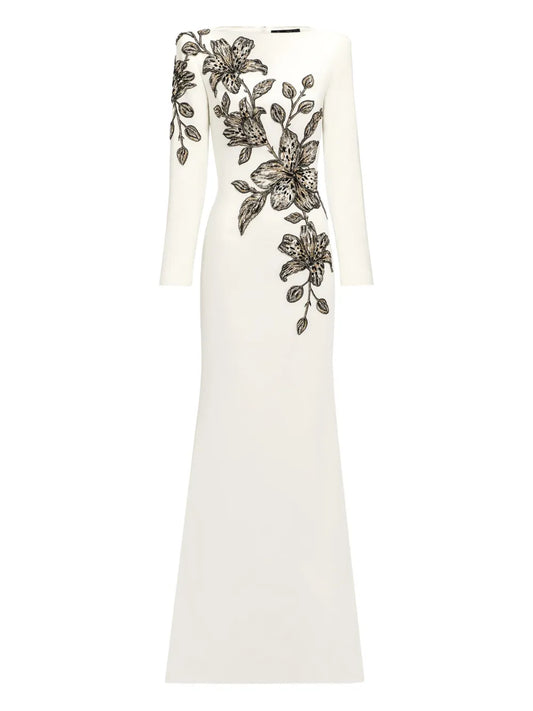 Jenny Packham Floral Embellished Maxi Dress — White — Size XL — Front View